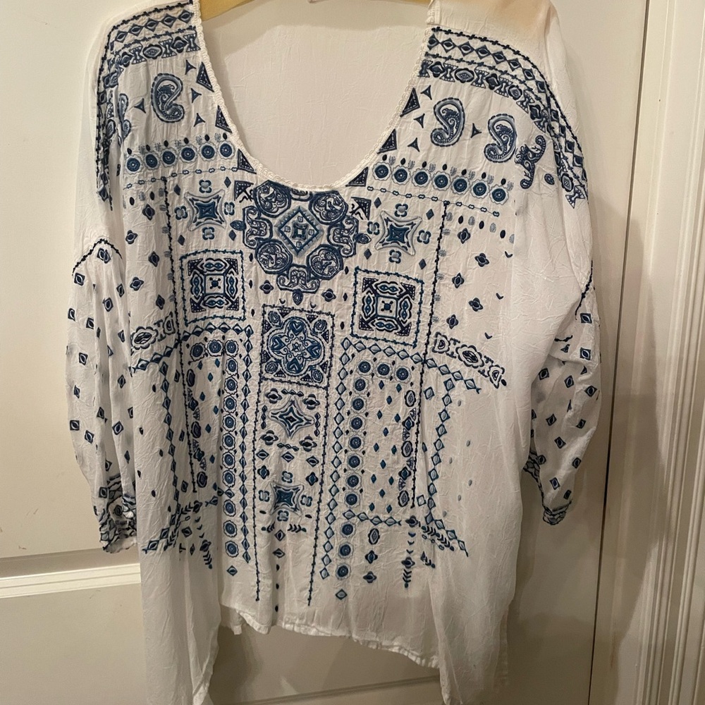 Johnny Was Blue and White Embroidered Blouse